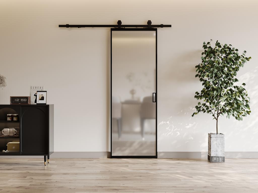 Porte coulissante avec système en applique - aluminium et verre trempé dépoli - H205 x L63 cm - LINCI II