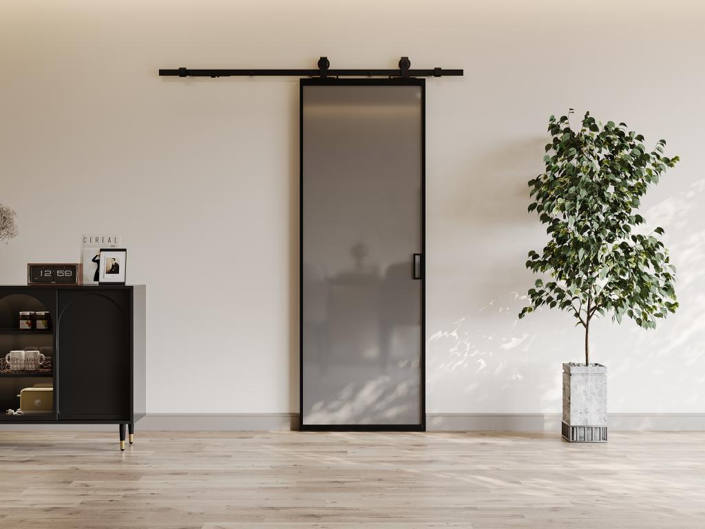 Porte coulissante avec système en applique - aluminium et verre trempé fumé dépoli - H205 x L83 cm - LINCI II