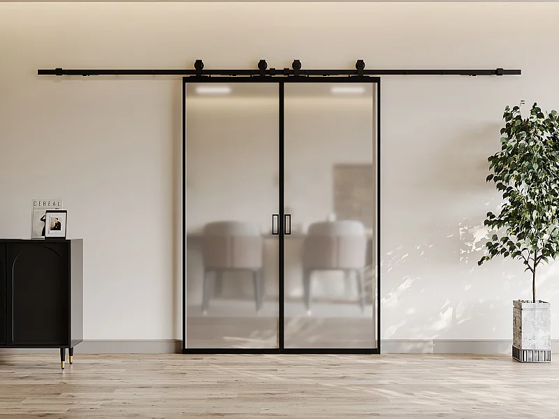 Porte coulissante double avec système en applique - aluminium et verre trempé dépoli - 2 x H205 x L63 cm - LINCI II