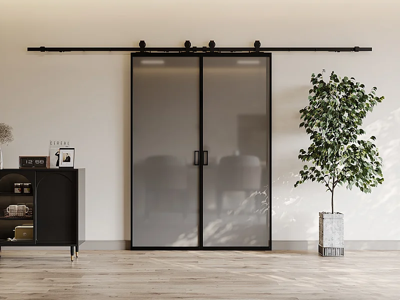 Porte coulissante double avec système en applique - aluminium et verre trempé fumé dépoli - 2 x H205 x L83 cm - LINCI II