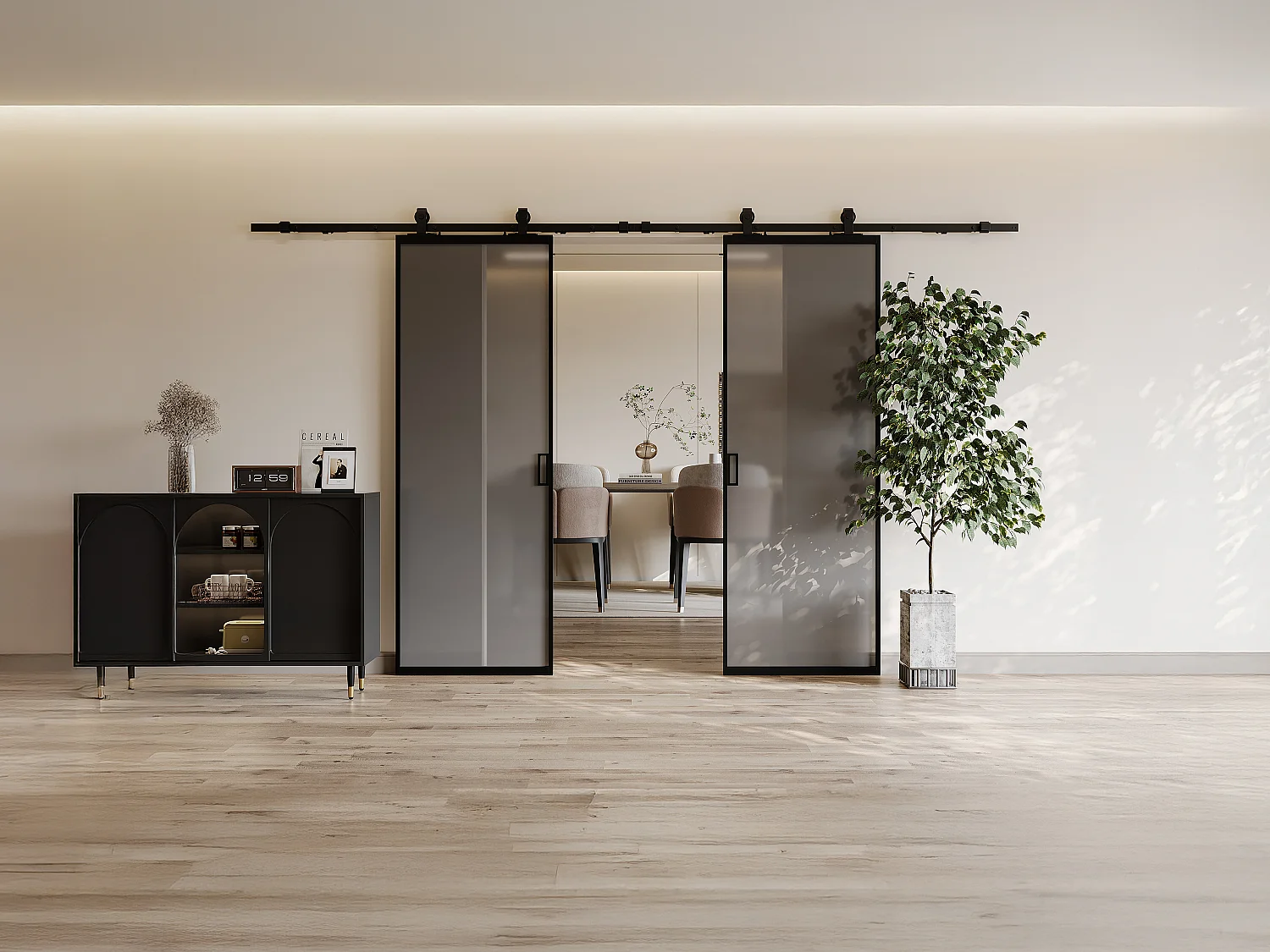 Porte coulissante double avec système en applique - aluminium et verre trempé fumé dépoli - 2 x H205 x L83 cm - LINCI II