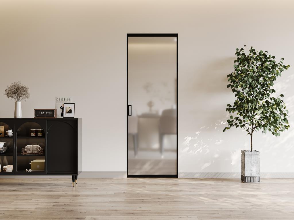 Porte coulissante avec système à galandage - aluminium et verre trempé dépoli - H205 x L63 cm - LINCI II