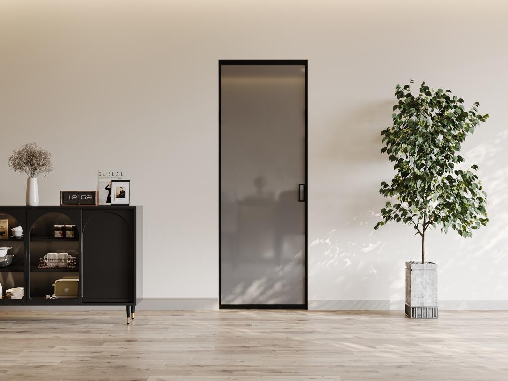 Porte coulissante avec système à galandage - aluminium et verre trempé fumé dépoli - H205 x L83 cm - LINCI II