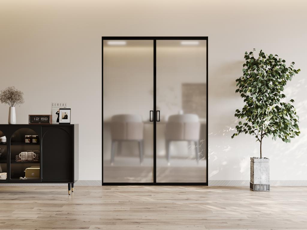 Porte coulissante double avec système à galandage - aluminium et verre trempé dépoli - 2 x H205 x L63 cm - LINCI II