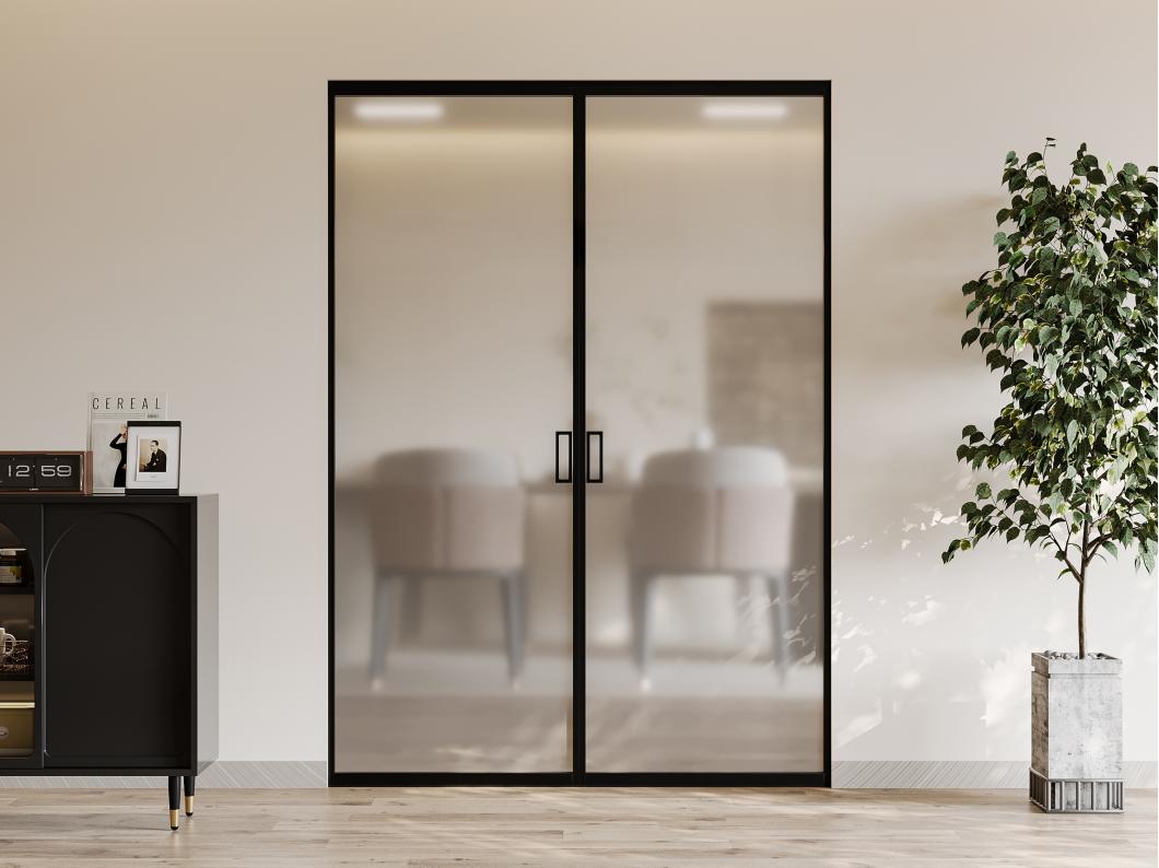 Porte coulissante double avec système à galandage - aluminium et verre trempé dépoli - 2 x H205 x L63 cm - LINCI II