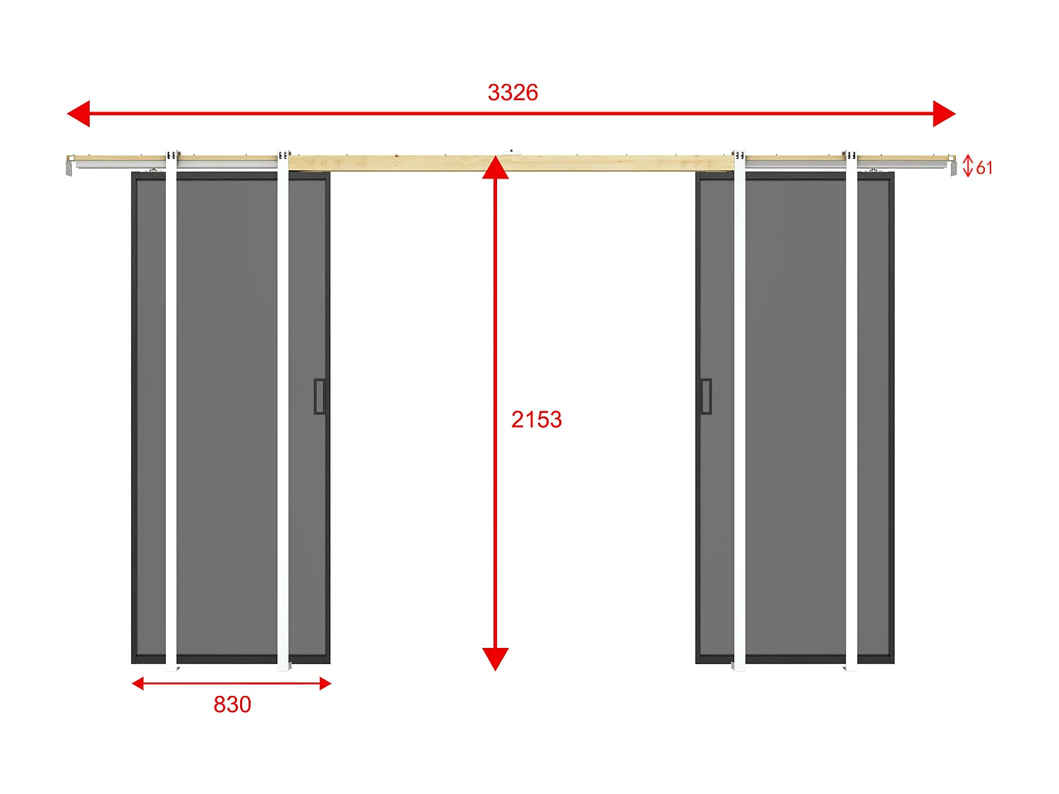 Drzwi przesuwne podwójne chowane w ścianie - aluminium i dymione szkło hartowane - 2 x wys. 205 x szer. 83 cm - LINCI II