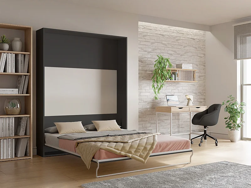 Schrankbett + Matratze - 160 x 200 cm - Manuelle vertikale Öffnung - Anthrazit & Holzfarben - MALINA II