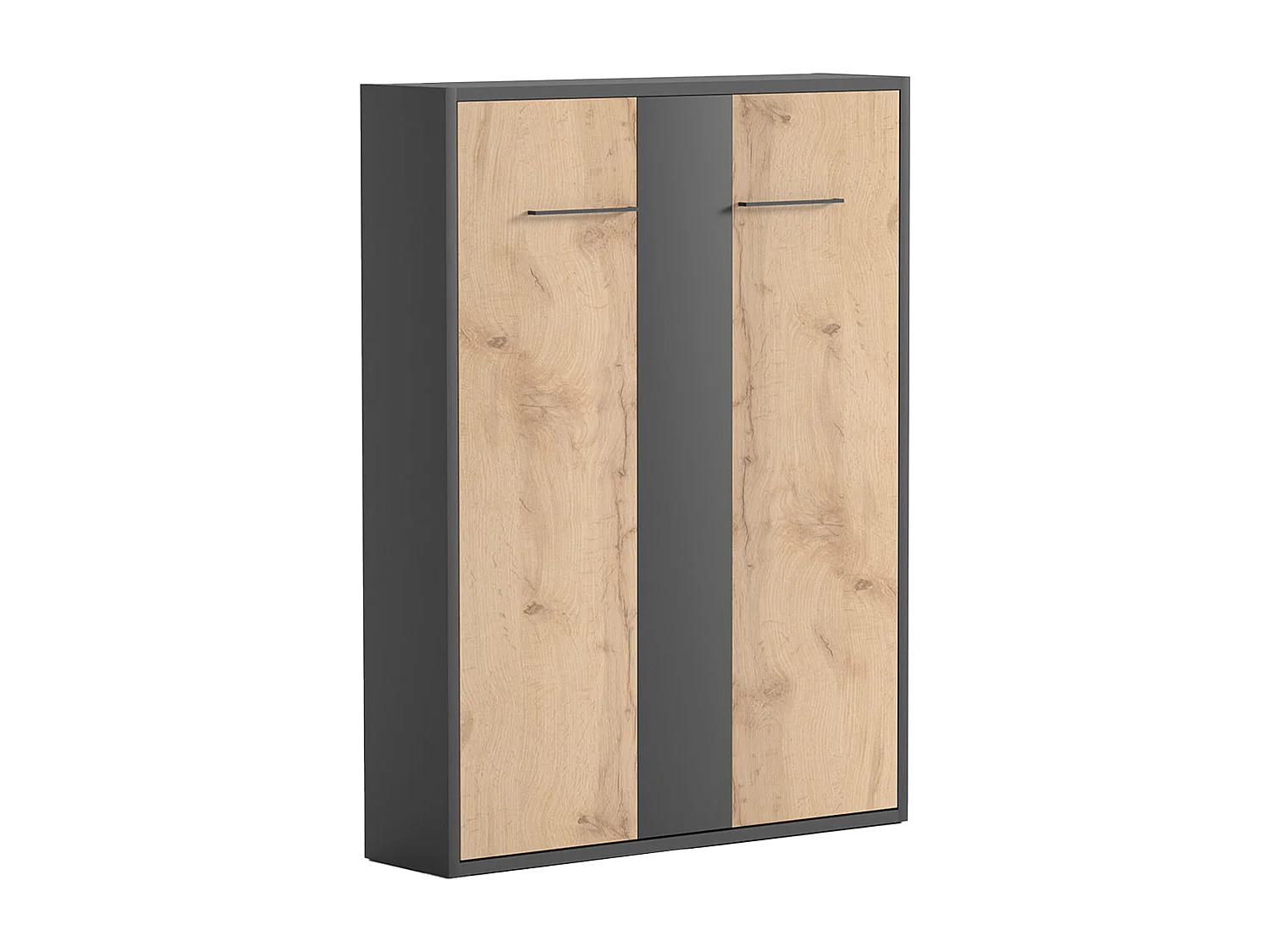 Łóżko chowane w szafie 160 x 200 cm - Manualne otwieranie pionowe - Antracytowy i naturalny + Materac - MALINA II