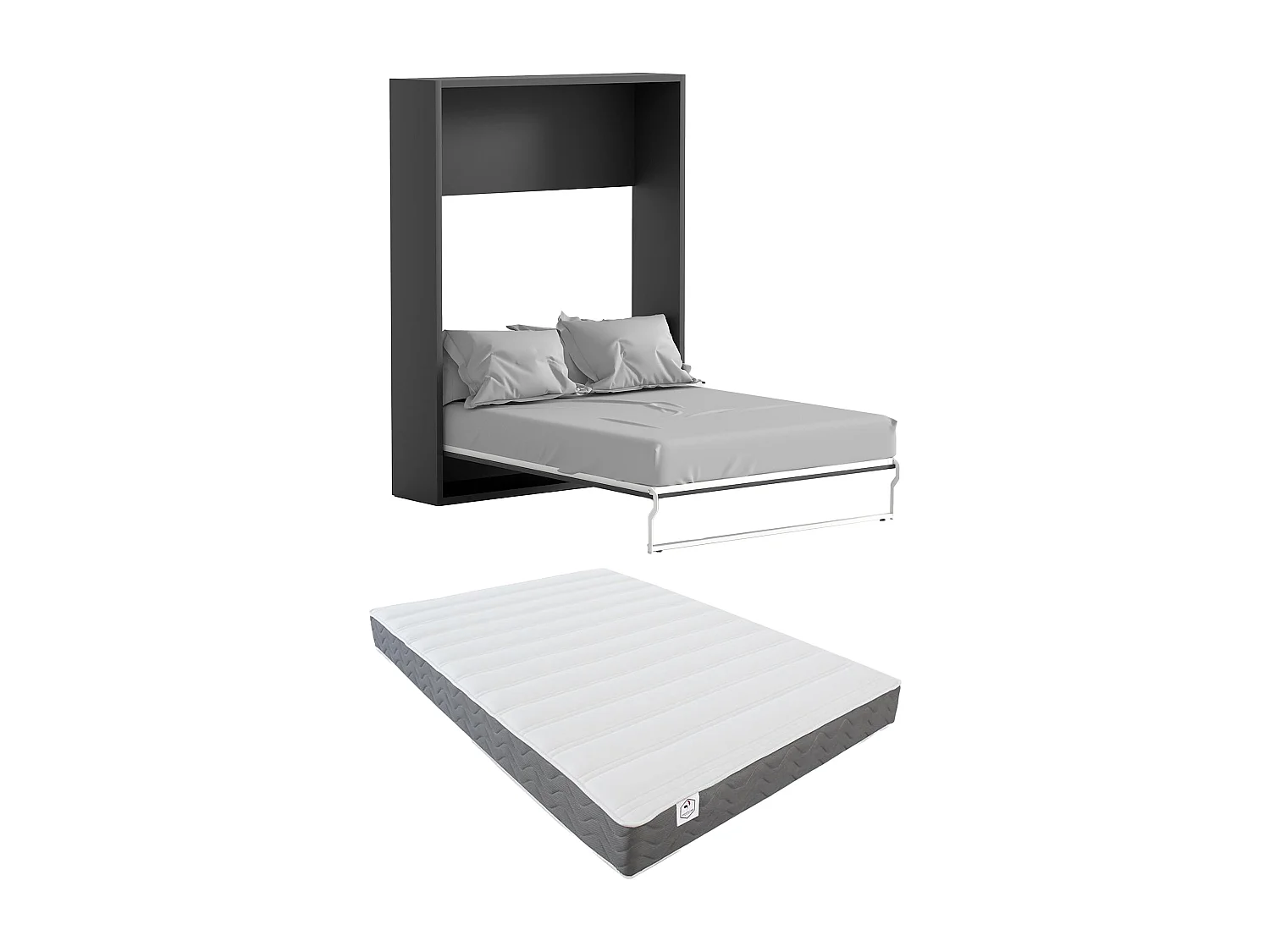 Łóżko chowane w szafie 160 x 200 cm - Manualne otwieranie pionowe - Antracytowy i naturalny + Materac - MALINA II