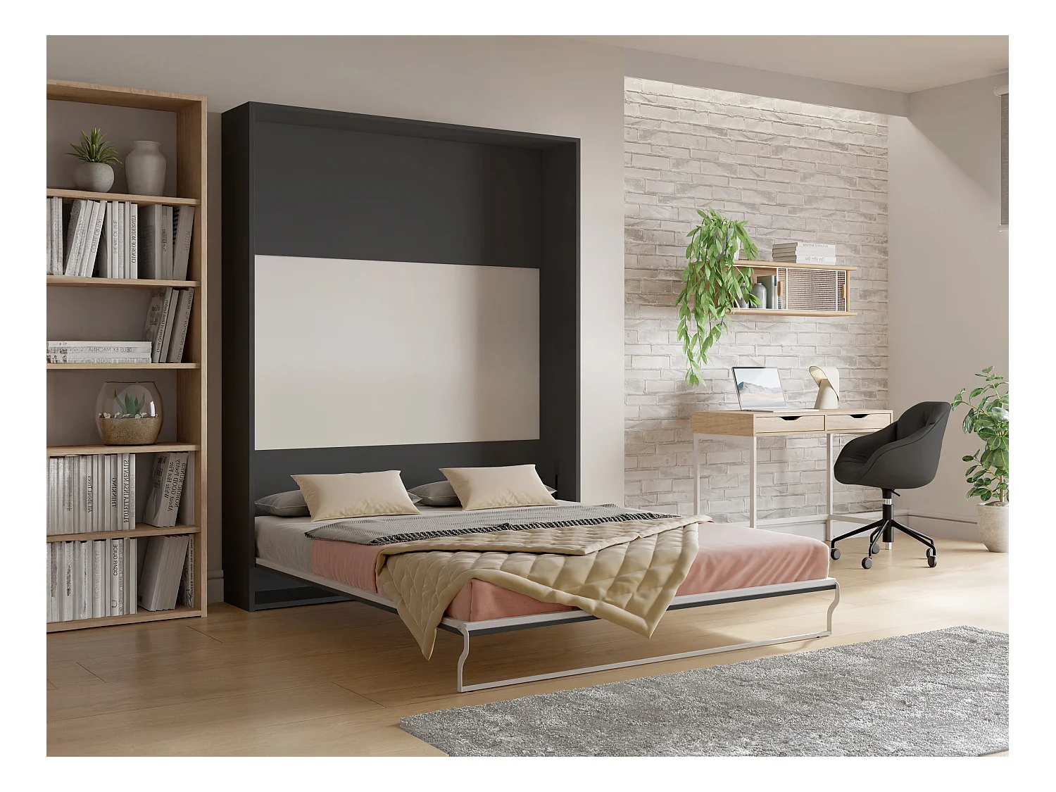 Bedkast 160 x 200 cm - Handmatige verticale opening - Donkergrijs en houtlook + matras - MALINA II