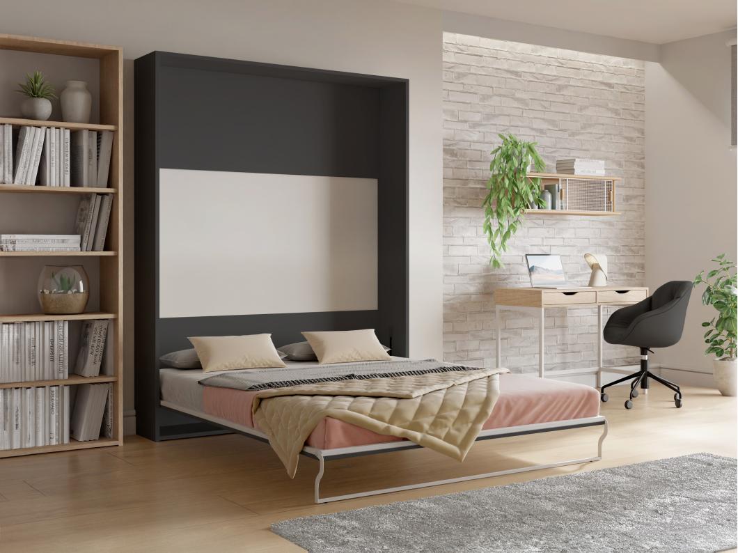 Lit escamotable 160 x 200 cm - Ouverture verticale manuelle - Anthracite et naturel + Matelas - MALINA II