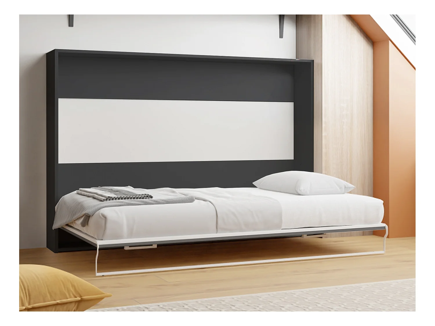 Lit escamotable 140 x 200 cm - Ouverture horizontale manuelle - Anthracite et naturel + Matelas - MALINA II