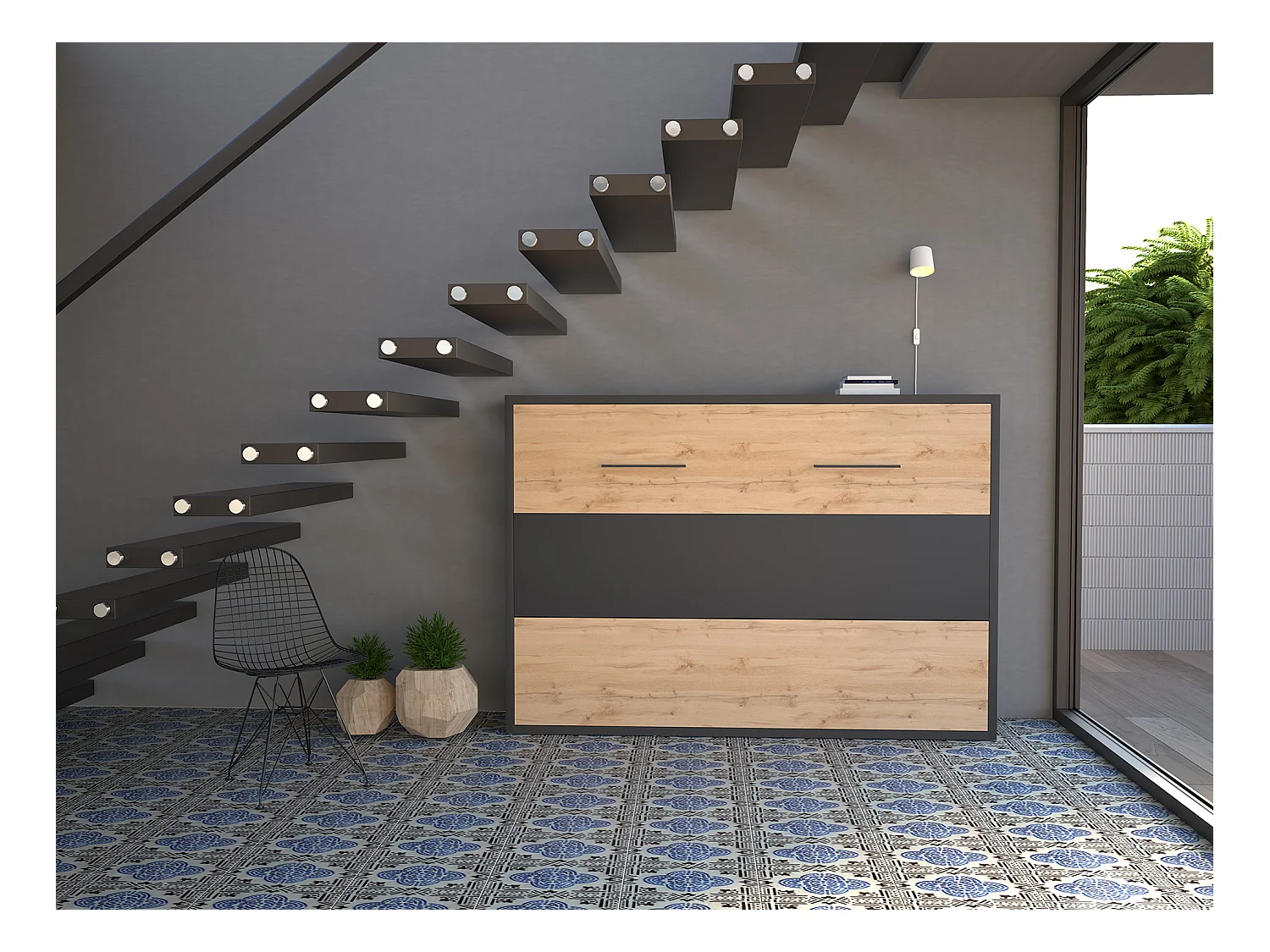 Cama abatible 140 x 200 cm - Apertura horizontal manual - Antracita y natural + Colchón - MALINA II