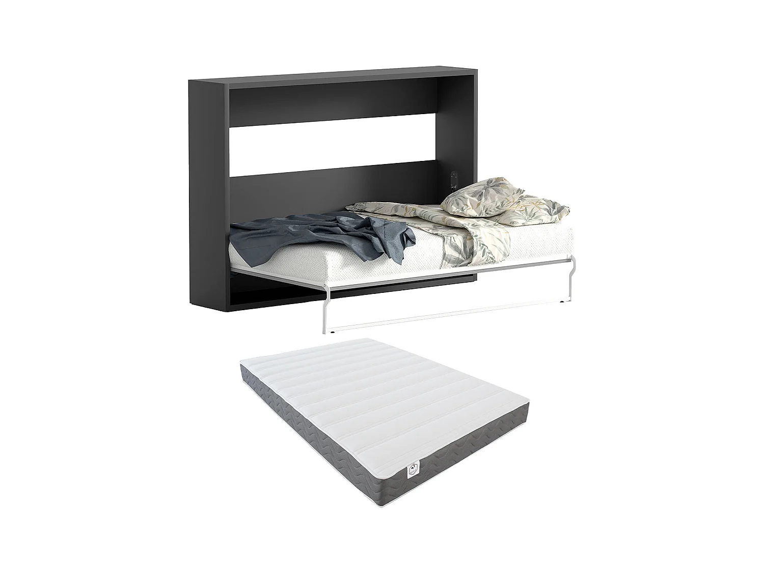 Cama abatible 140 x 200 cm - Apertura horizontal manual - Antracita y natural + Colchón - MALINA II