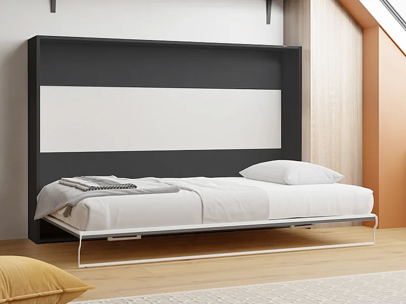 Lit escamotable 140 x 200 cm - Ouverture horizontale manuelle - Anthracite et naturel + Matelas - MALINA II