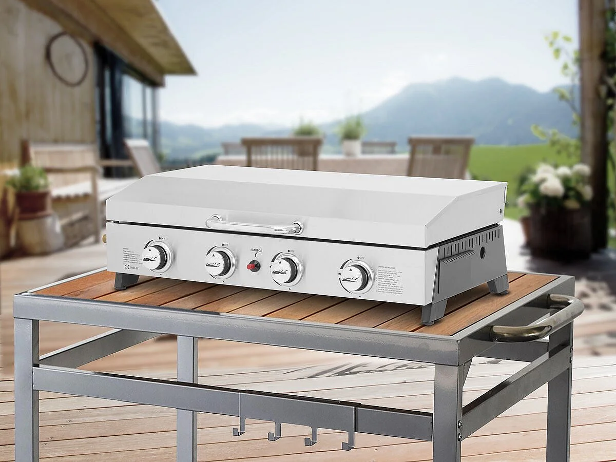 Plancha à gaz en inox avec 4 bruleurs et couvercle "Fasto" - 10 kw - Gris