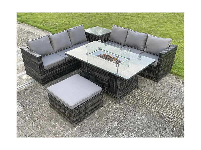 Gartenmöbel im Freien mit Ecksofa Beistelltisch Gas Feuertisch Hocker Dunkelgrau gemischt