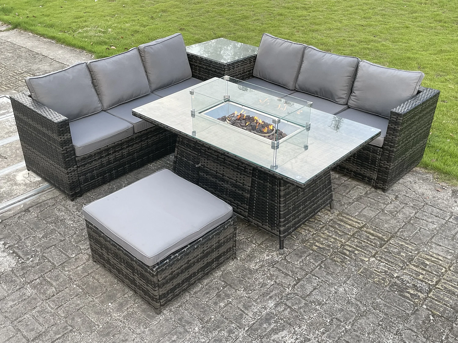 Fimous Outdoor PE Rattan Garden Corner Furniture Gas Fire Pit Table Sets Gas Heater Lounge Big Footstool Dark Grey 7 Seater