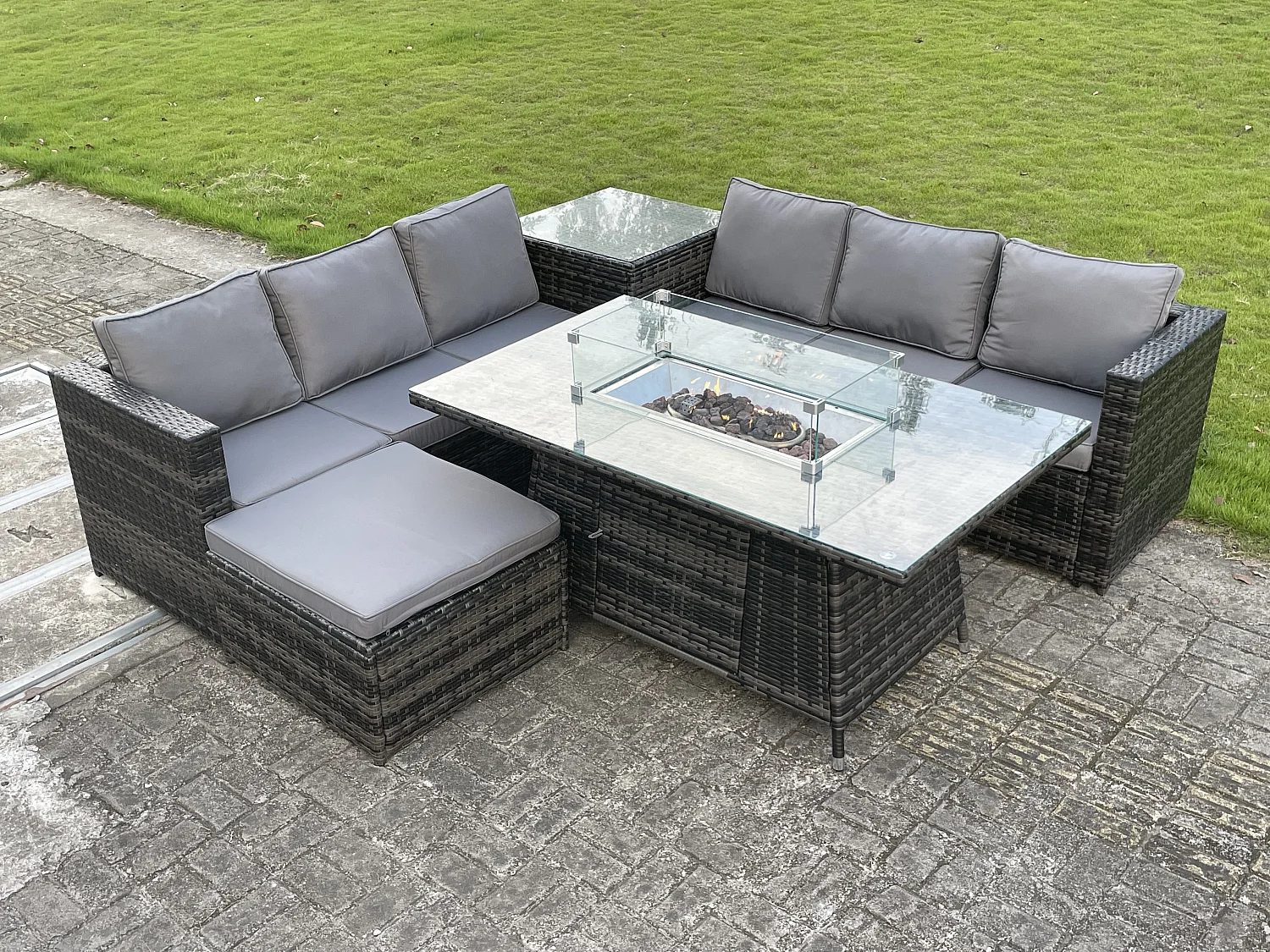 Fimous Outdoor PE Rattan Garden Corner Furniture Gas Fire Pit Table Sets Gas Heater Lounge Big Footstool Dark Grey 7 Seater