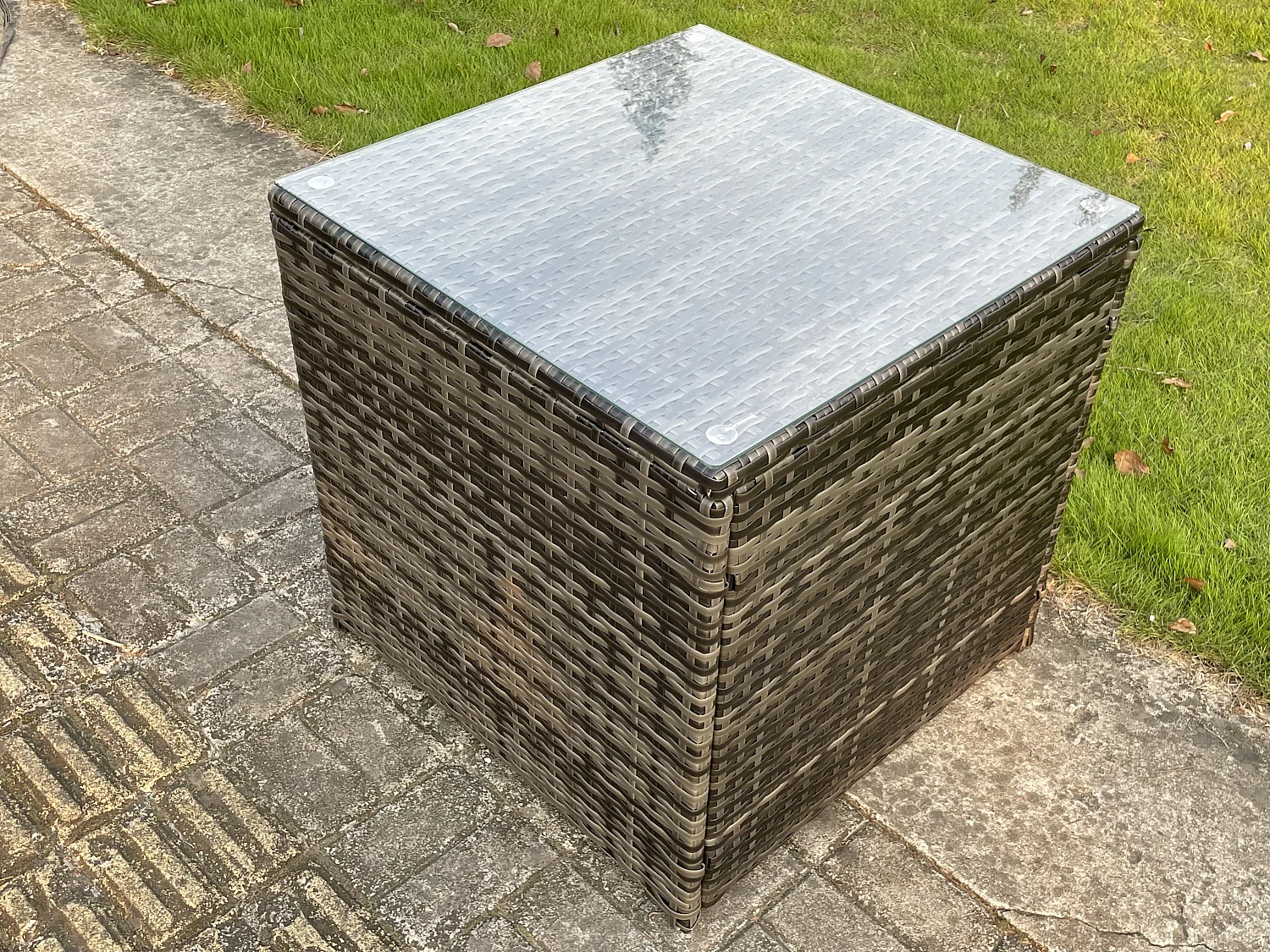 Fimous Outdoor PE Rattan Garden Corner Furniture Gas Fire Pit Table Sets Gas Heater Lounge Big Footstool Dark Grey 7 Seater