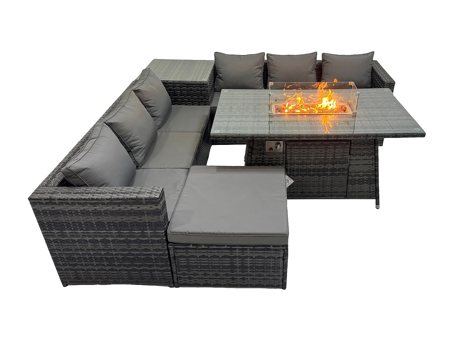 Fimous Outdoor PE Rattan Garden Corner Furniture Gas Fire Pit Table Sets Gas Heater Lounge Big Footstool Dark Grey 7 Seater
