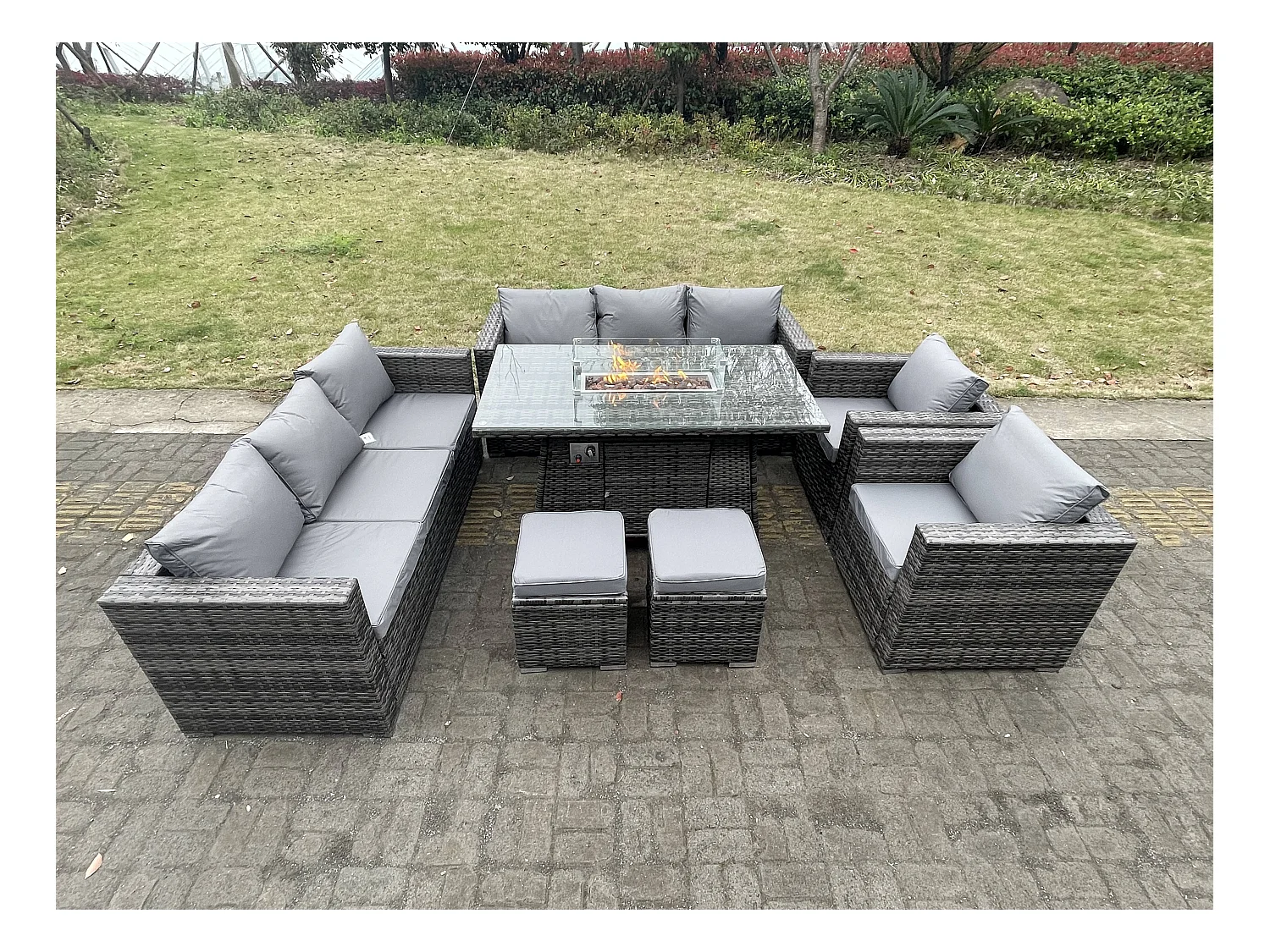Meubles à manger de jardin PE Rotin 8 Places ave canapé Table de foyer à gaz 2 Tabourets 2 Chaise Mélange gris foncé