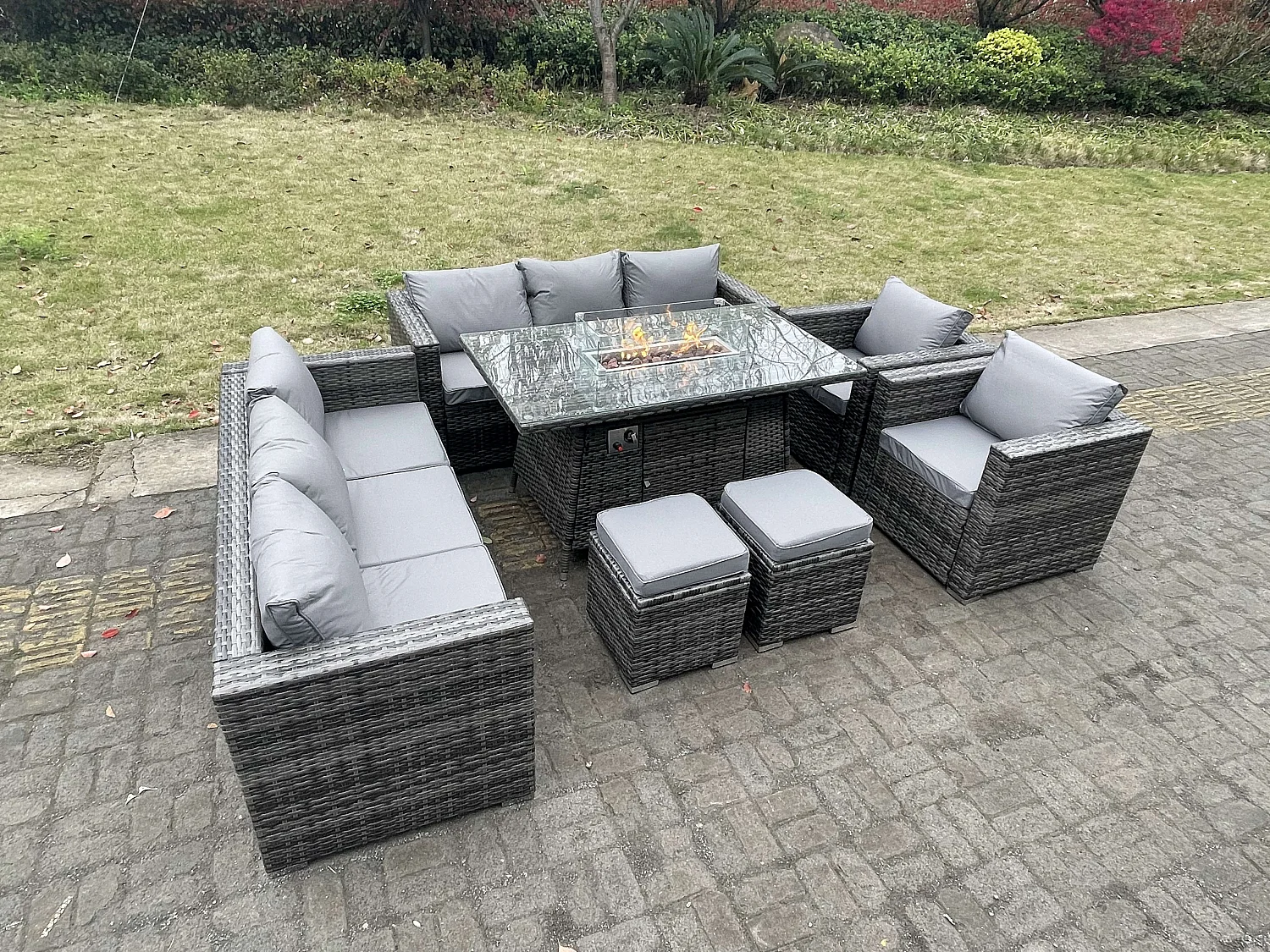 Meubles à manger de jardin PE Rotin 8 Places ave canapé Table de foyer à gaz 2 Tabourets 2 Chaise Mélange gris foncé