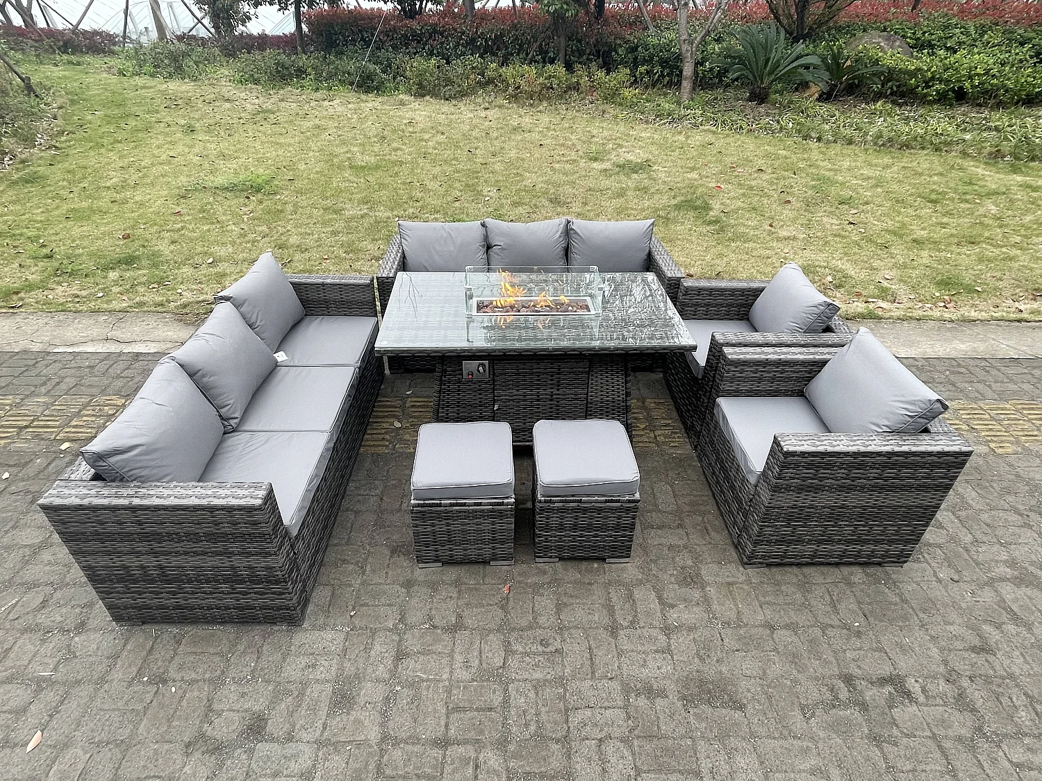 Fimous 10 Seater Outdoor PE Rattan Garden Furniture Gas Fire Pit Dining Table Set Lounge Sofa 2 PC Armchairs With 2 Stools Dark Grey Mixed Patio