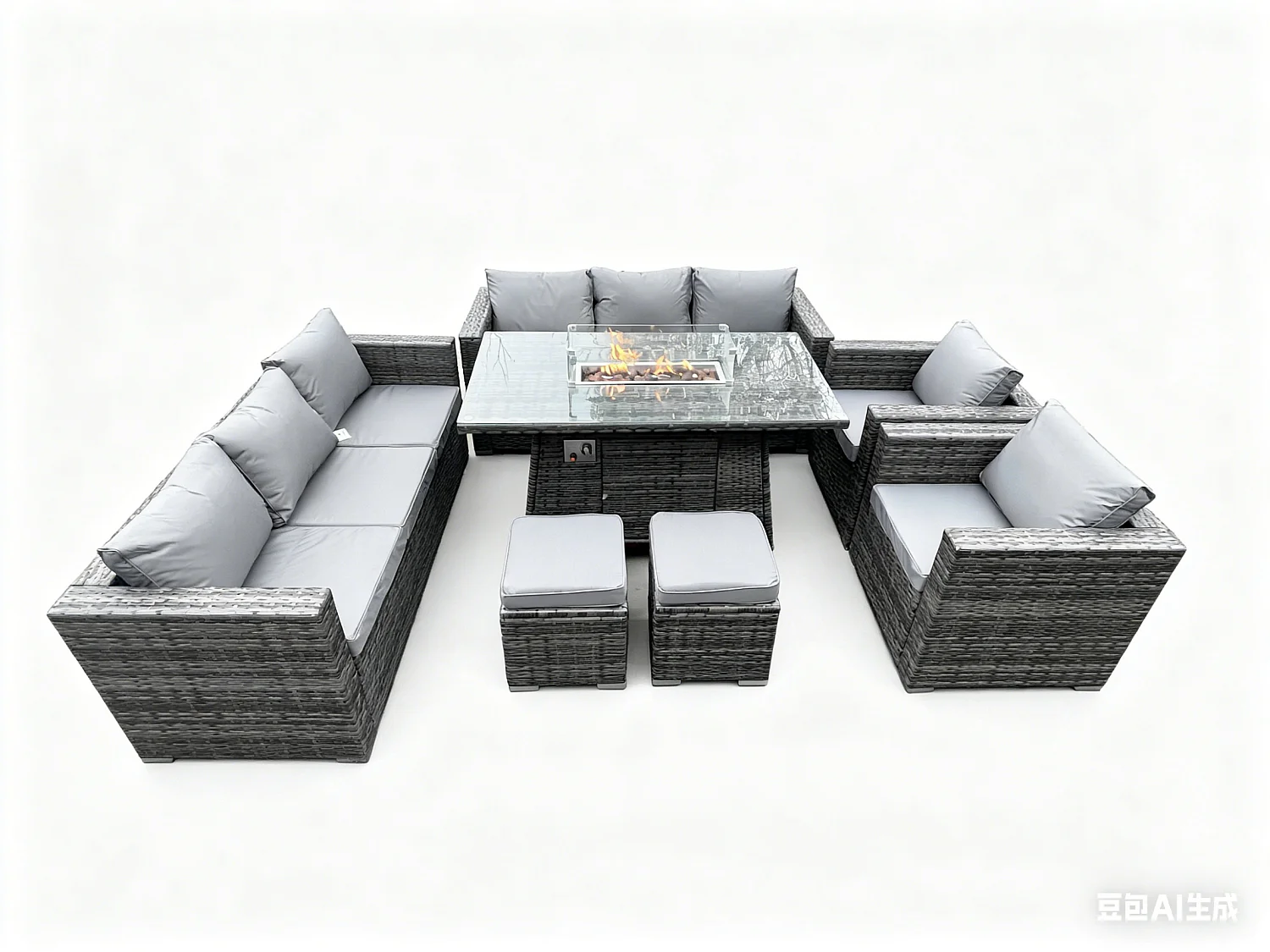Fimous 10 Seater Outdoor PE Rattan Garden Furniture Gas Fire Pit Dining Table Set Lounge Sofa 2 PC Armchairs With 2 Stools Dark Grey Mixed Patio
