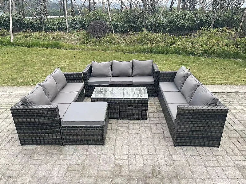 Rattan Gartenmöbel Set 12-Sitzer mit sofa Couchtisch 3 Hocker Dunkelgrau gemischt