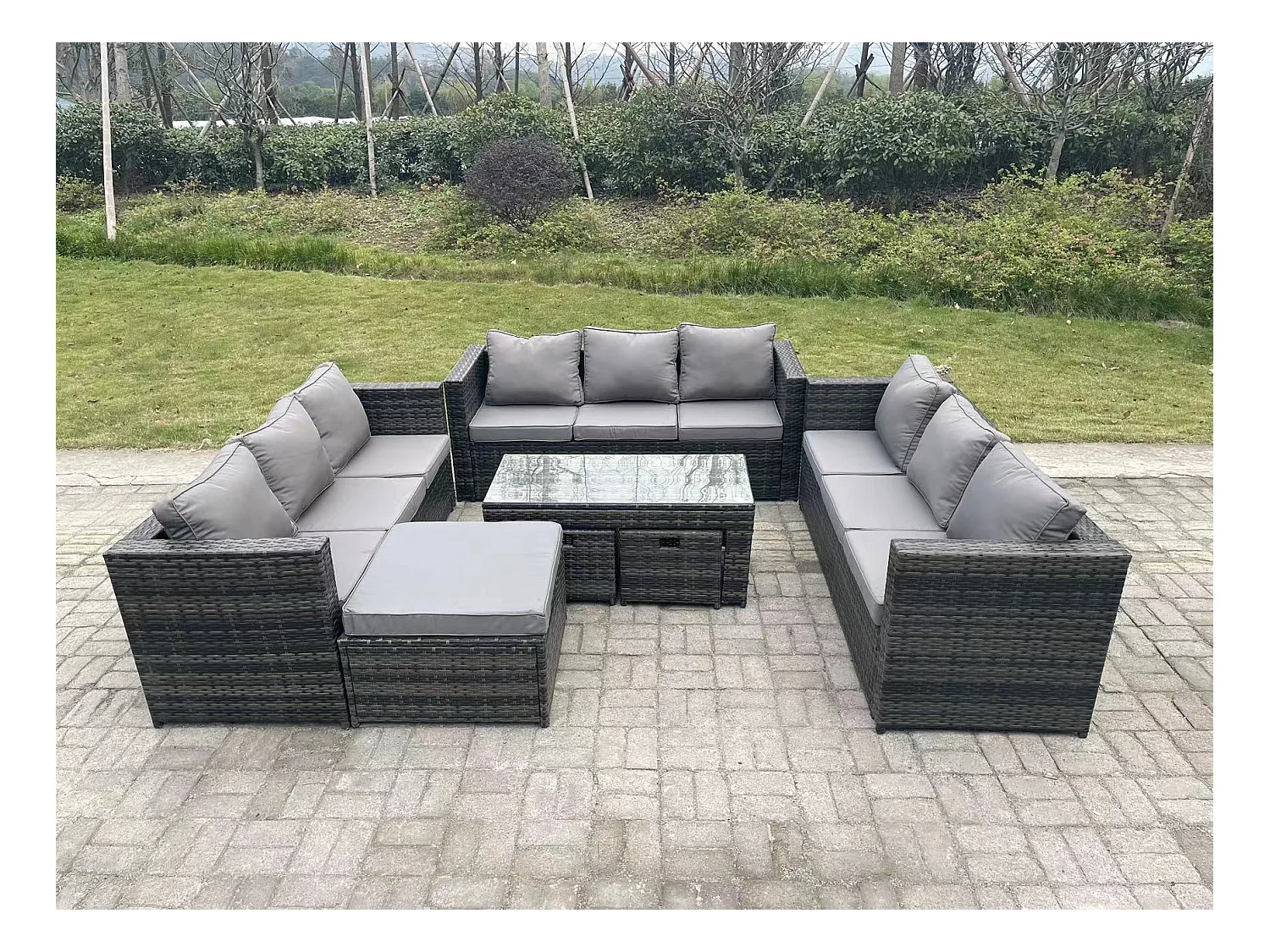 Rattan Gartenmöbel Set 12-Sitzer mit sofa Couchtisch 3 Hocker Dunkelgrau gemischt