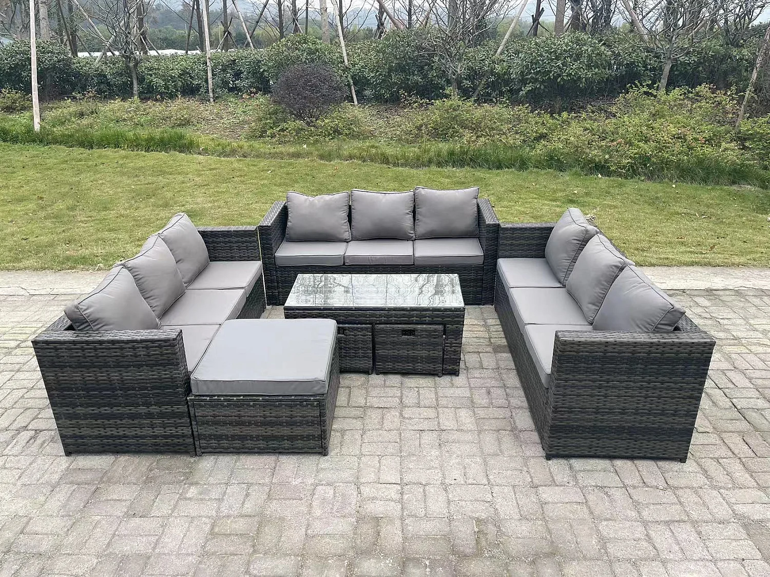 Fimous Outdoor Rattan Garden Furniture Lounge Sofa Set With Oblong Rectagular Coffee Table Big Footstool and 2 Small Stools