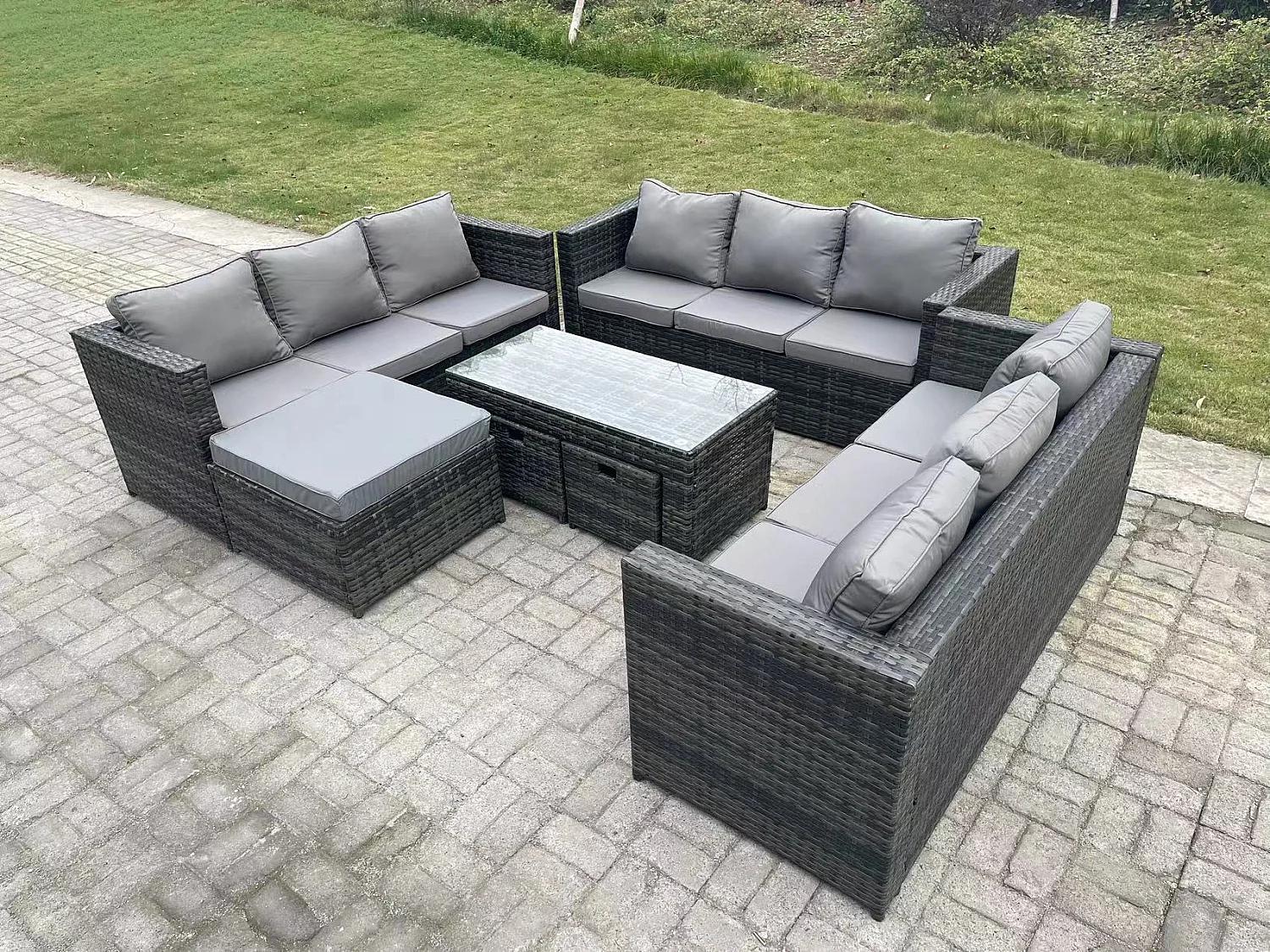 Fimous Outdoor Rattan Garden Furniture Lounge Sofa Set With Oblong Rectagular Coffee Table Big Footstool and 2 Small Stools