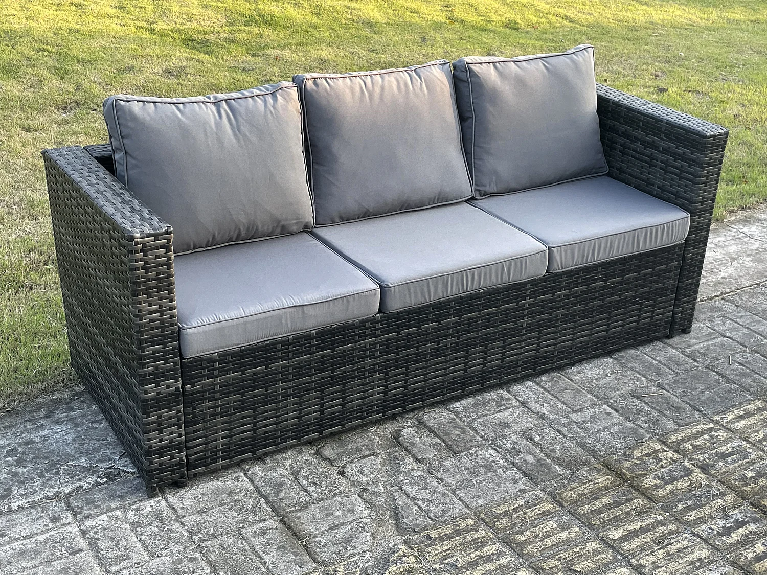 Fimous Outdoor Rattan Garden Furniture Lounge Sofa Set With Oblong Rectagular Coffee Table Big Footstool and 2 Small Stools