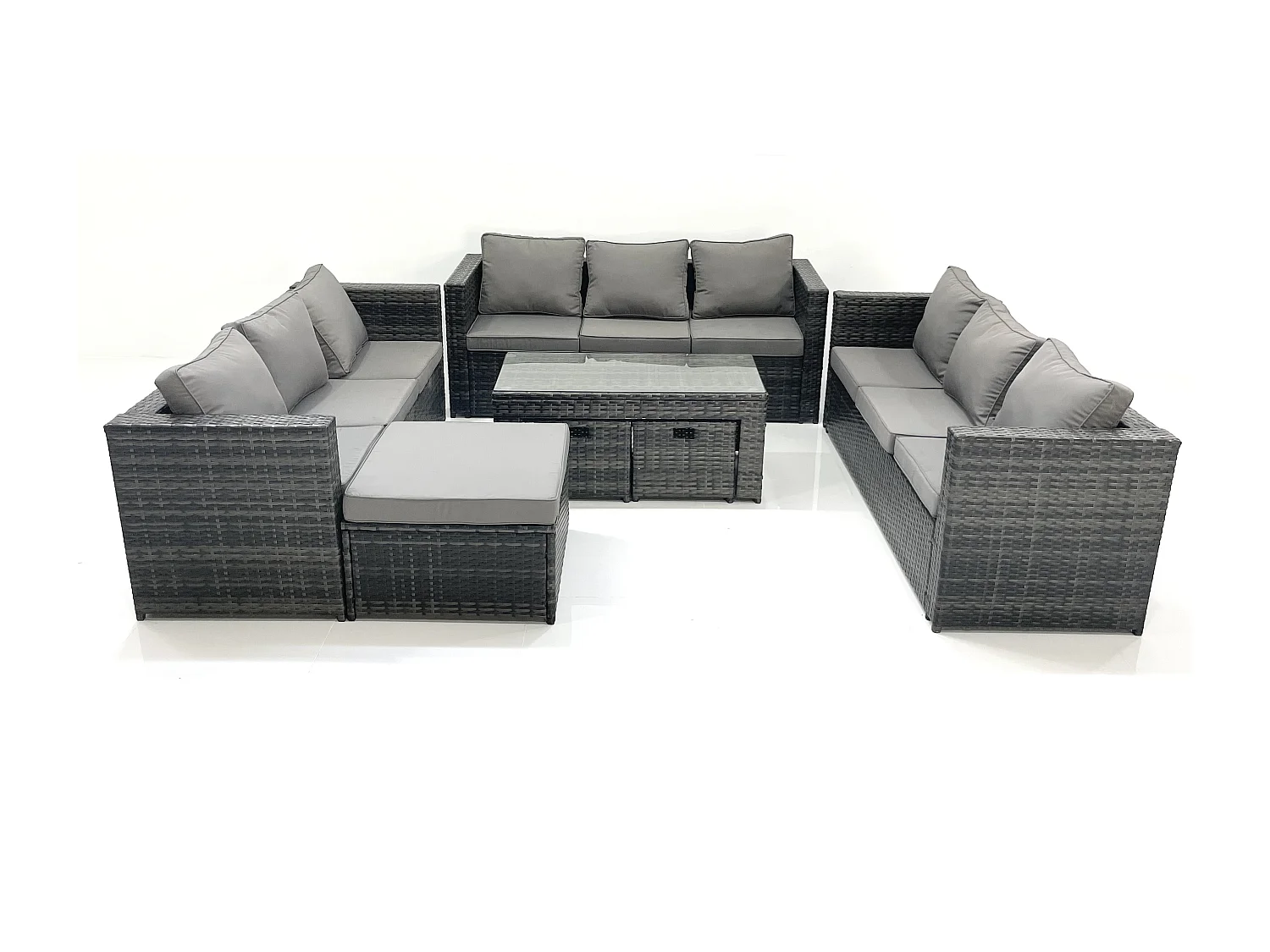 Fimous Outdoor Rattan Garden Furniture Lounge Sofa Set With Oblong Rectagular Coffee Table Big Footstool and 2 Small Stools