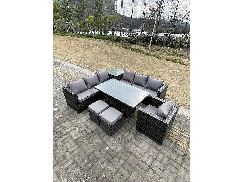 Mobilier de jardin extérieur PE Rotin 8 Places ave canapé Table à manger réglable en hauteur 2 Tabourets Mélange gris foncé