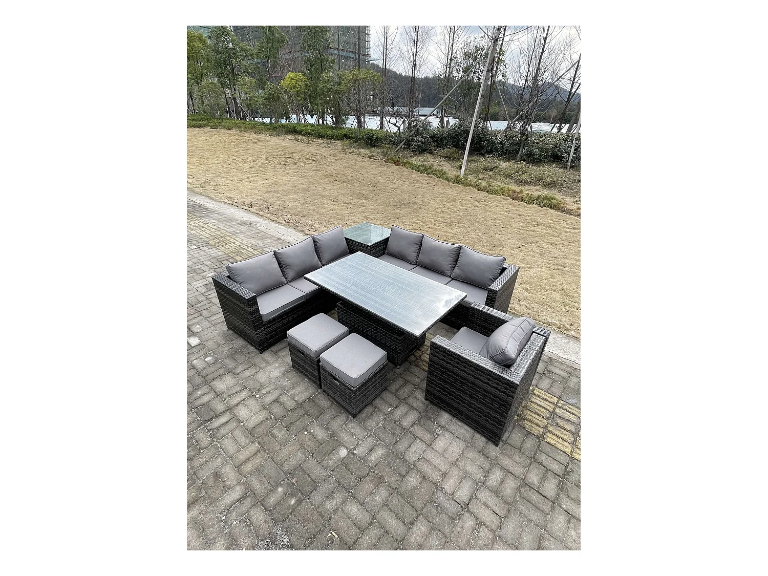 Rattan Gartenmöbel Set Polyrattan 8-Sitzer mit Ecksofa Einstellbare Höhe Esstisch 2 Hocker Dunkelgrau gemischt