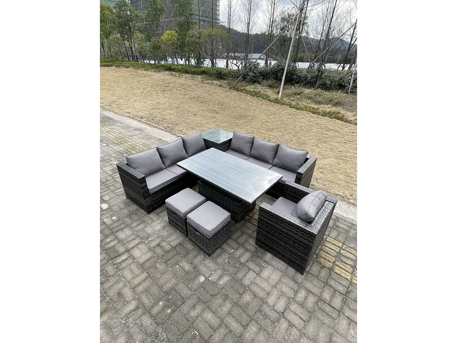 Fimous 9 Seater PE Rattan Corner Sofa Set Rising Adjustable Dining Table Set High Side Coffee Table With Arm Chair Stools