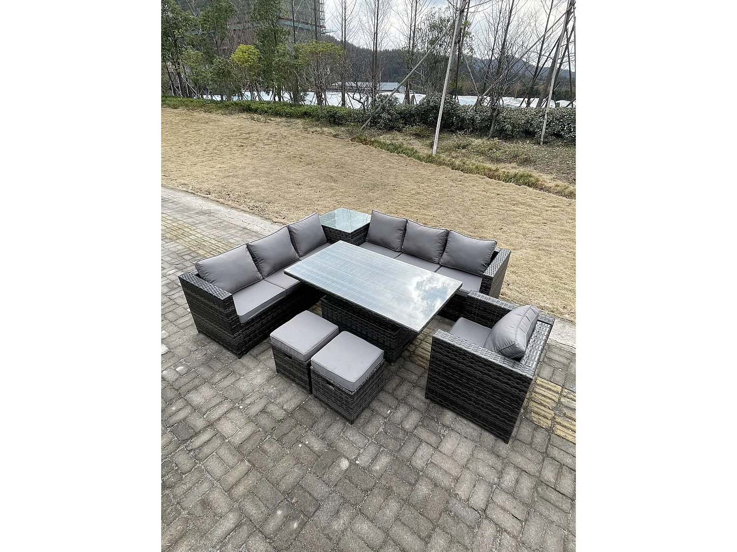 Fimous 9 Seater PE Rattan Corner Sofa Set Rising Adjustable Dining Table Set High Side Coffee Table With Arm Chair Stools