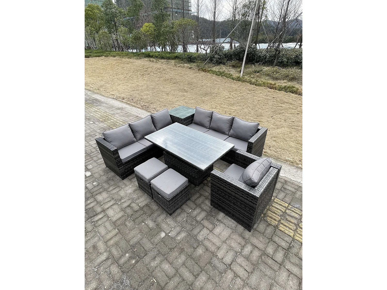 Fimous 9 Seater PE Rattan Corner Sofa Set Rising Adjustable Dining Table Set High Side Coffee Table With Arm Chair Stools