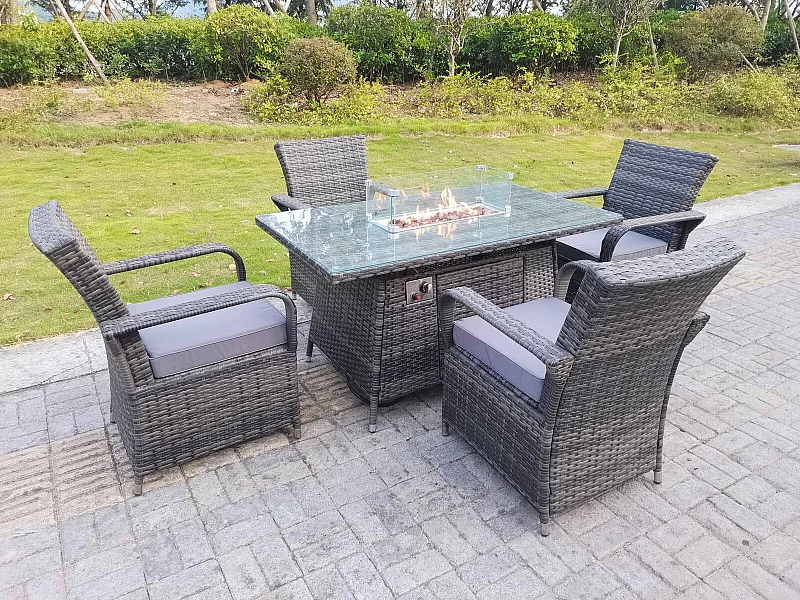 Polyrattan Gartenmöbel Set4 Stuhl mit Rechteckig Gas Feuertisch Polyrattan Dunkelgrau gemischt