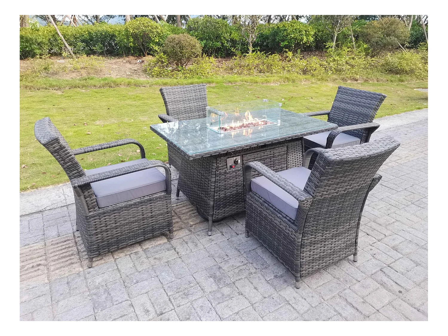 Ensemble De Mobilier 4 Chaise et Rectangulaire Table de foyer à gaz PE Rotin Mélange gris foncé