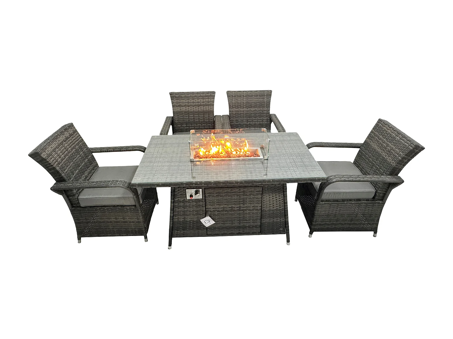 Fimous Rattan Garden Furniture Gas Fire Pit Rectangle Dining Table Gas Heater And Dining Chairs 4 Seater
