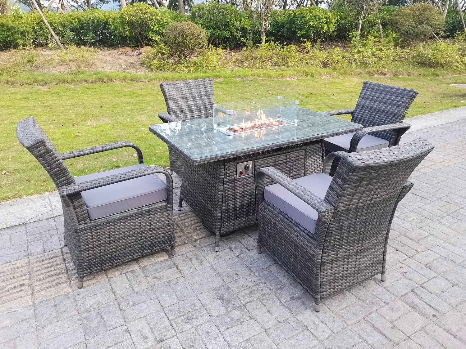 Fimous Rattan Garden Furniture Gas Fire Pit Rectangle Dining Table Gas Heater And Dining Chairs 4 Seater