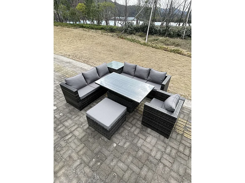 Mobilier de jardin extérieur PE Rotin 8 Places ave canapé Table à manger réglable en hauteur Grand Tabourets Mélange gris foncé