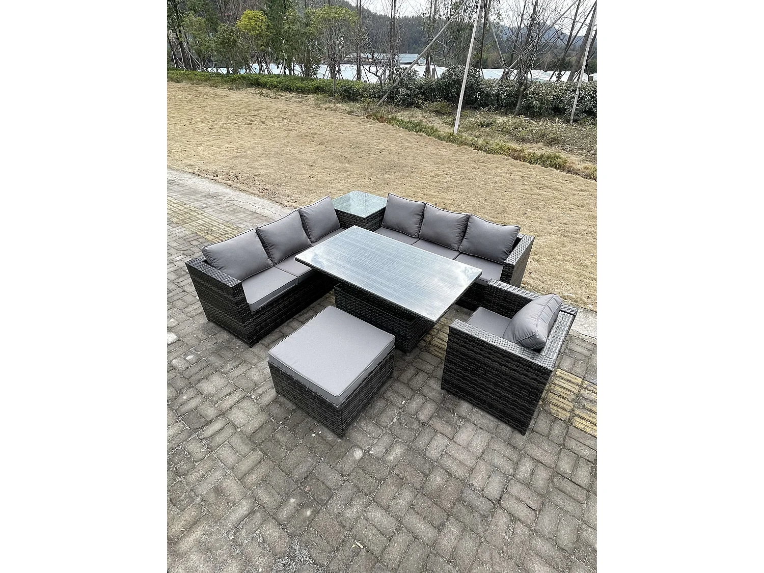 Fimous 8 Seater PE Rattan Corner Sofa Set Rising Adjustable Dining Table Set High Side Coffee Table With Arm Chair Big Footstool