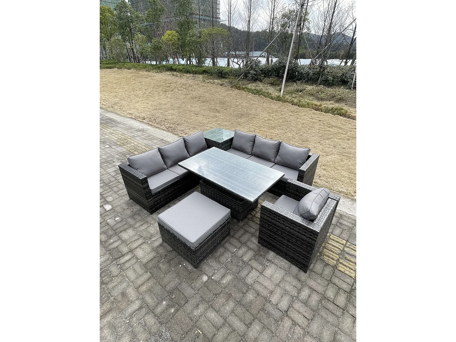 Fimous 8 Seater PE Rattan Corner Sofa Set Rising Adjustable Dining Table Set High Side Coffee Table With Arm Chair Big Footstool