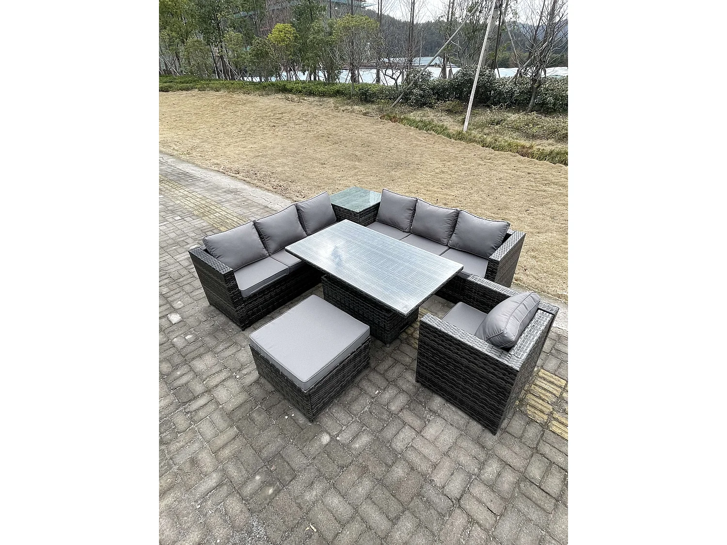 Fimous 8 Seater PE Rattan Corner Sofa Set Rising Adjustable Dining Table Set High Side Coffee Table With Arm Chair Big Footstool