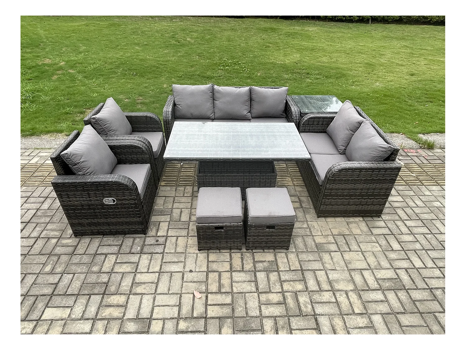 Ensemble de salle à manger jardin en rotin ave Table à manger réglable en hauteur 2 Chaises inclinable Canapé d'amour 2 Tabourets