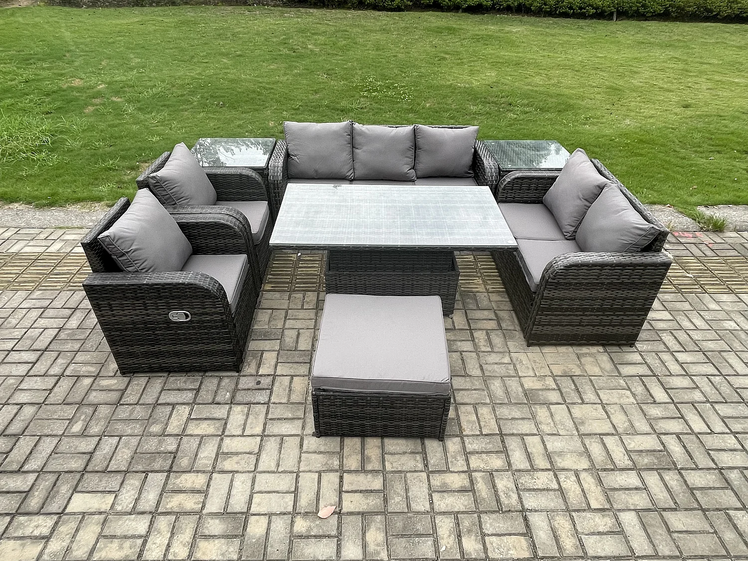 Fimous Wicker PE Rattan Outdoor Garden Furniture Sets Height Adjustable Rising lifting Dining Table Set with 2 Side Tables Big Footstool